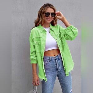 Oversized Distressed Denim Exposed Seam Button-Up Frayed Hem Jean Jacket Green